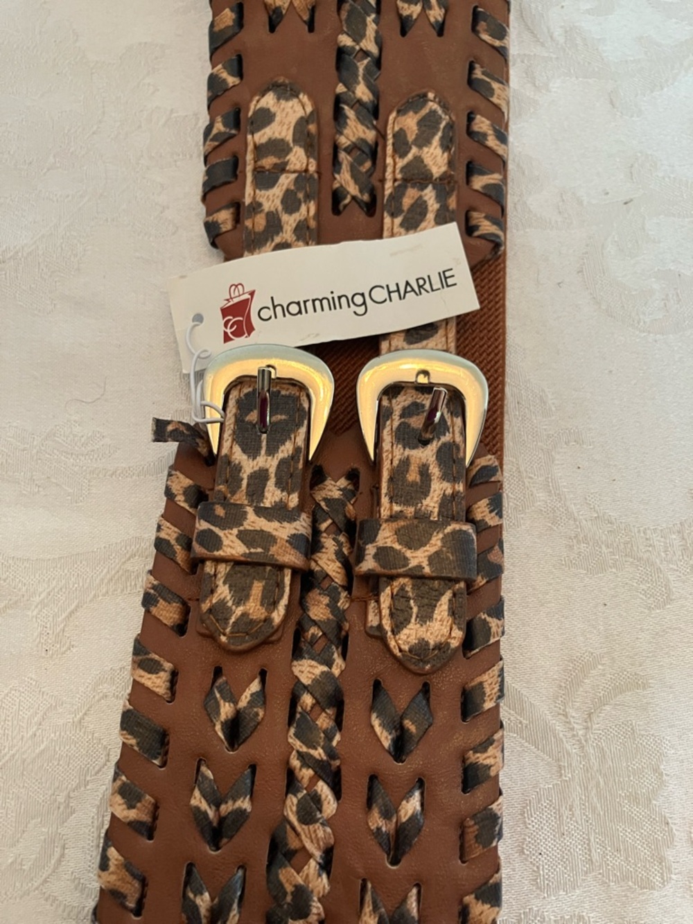 Charming Charlie Tan Wide Braided Faux Leather Dual Buckle Belt Leopard Straps - Picture 2 of 4